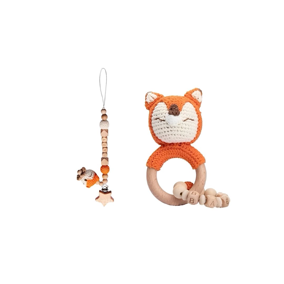 Handcrafted crochet fox rattle and dummy clip set with natural wooden beads, a thoughtful newborn baby gift and baby shower gift for little ones.