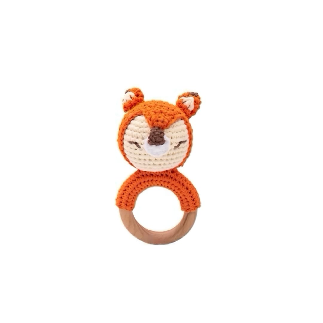 Handcrafted crochet fox rattle with natural wooden teething ring for babies, sensory toy and newborn baby gift.