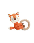 Handcrafted crochet fox rattle with natural wooden ring, a soft sensory toy for newborn babies and a thoughtful baby shower gift.