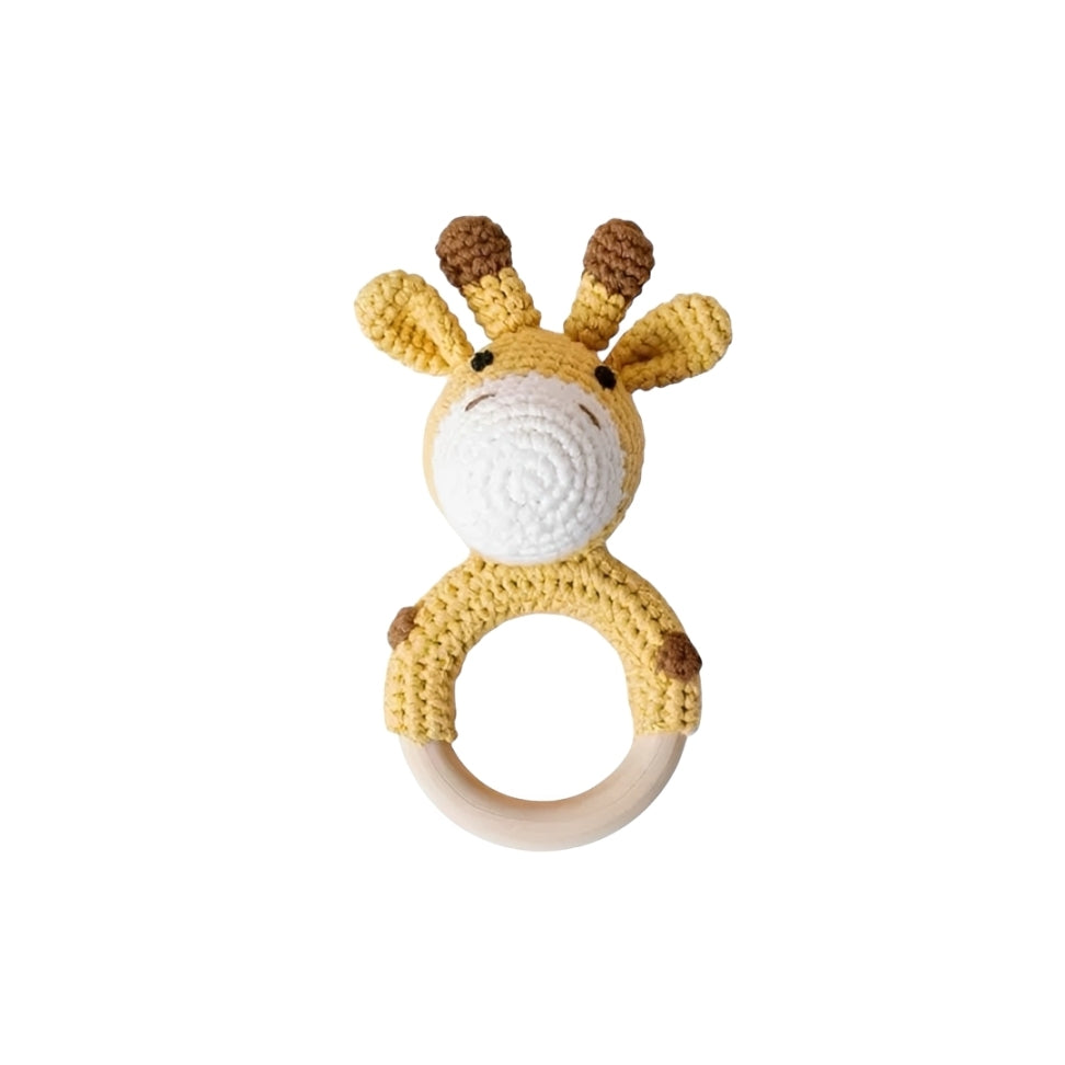 Crochet giraffe teether with a natural wooden teething ring, a charming newborn baby gift and baby shower gift in the UK.
