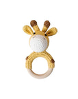Crochet giraffe teether with a natural wooden teething ring, a charming newborn baby gift and baby shower gift in the UK.