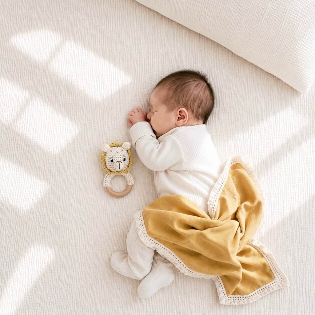 Sleeping newborn baby with a handcrafted crochet lion rattle and soft mustard baby blanket, perfect for sensory play, nursery essentials and baby shower gifts.