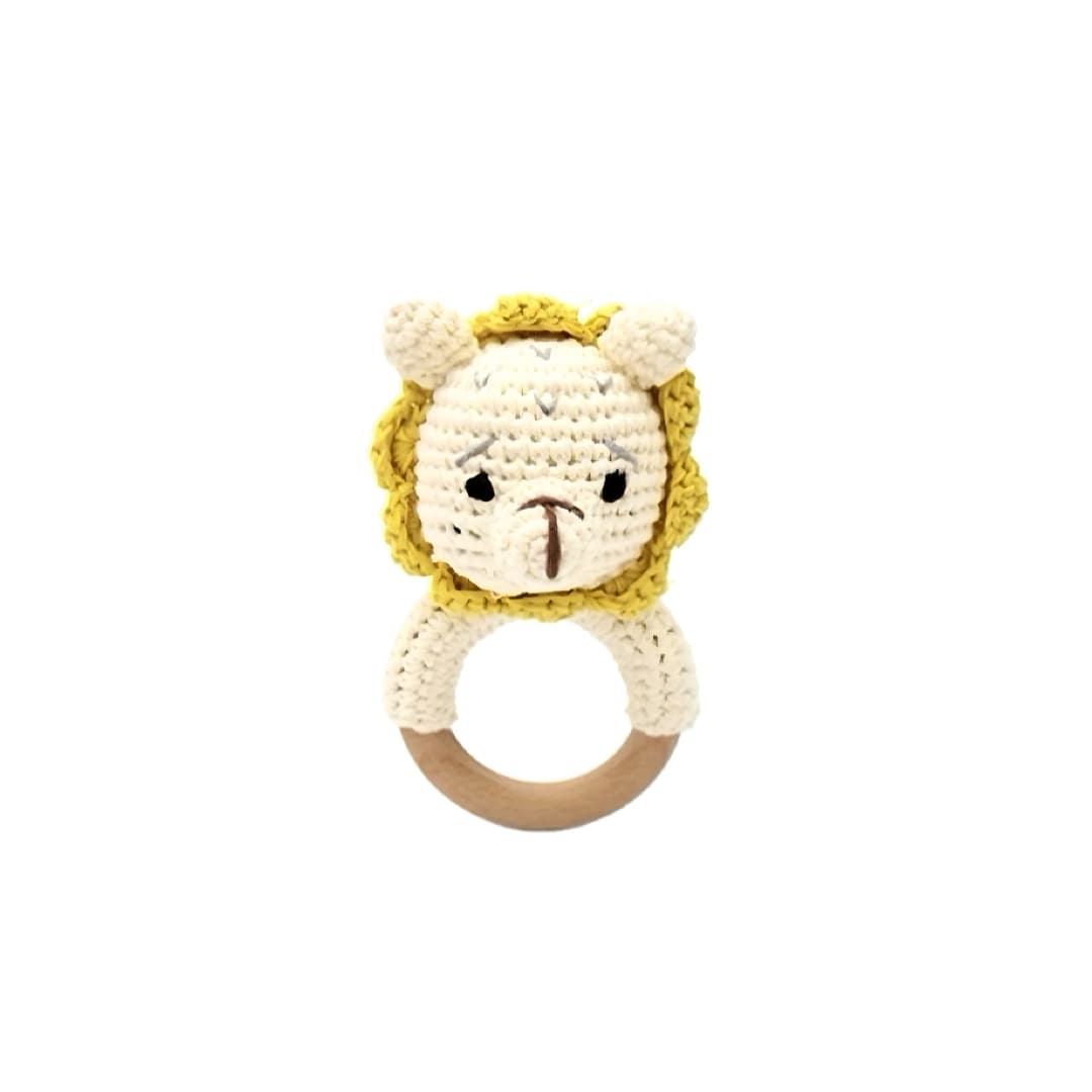 Handcrafted crochet lion rattle with natural wooden teething ring, sensory toy for newborn babies, teething relief and baby shower gifts.
