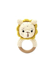 Handcrafted crochet lion rattle with natural wooden teething ring, sensory toy for newborn babies, teething relief and baby shower gifts.