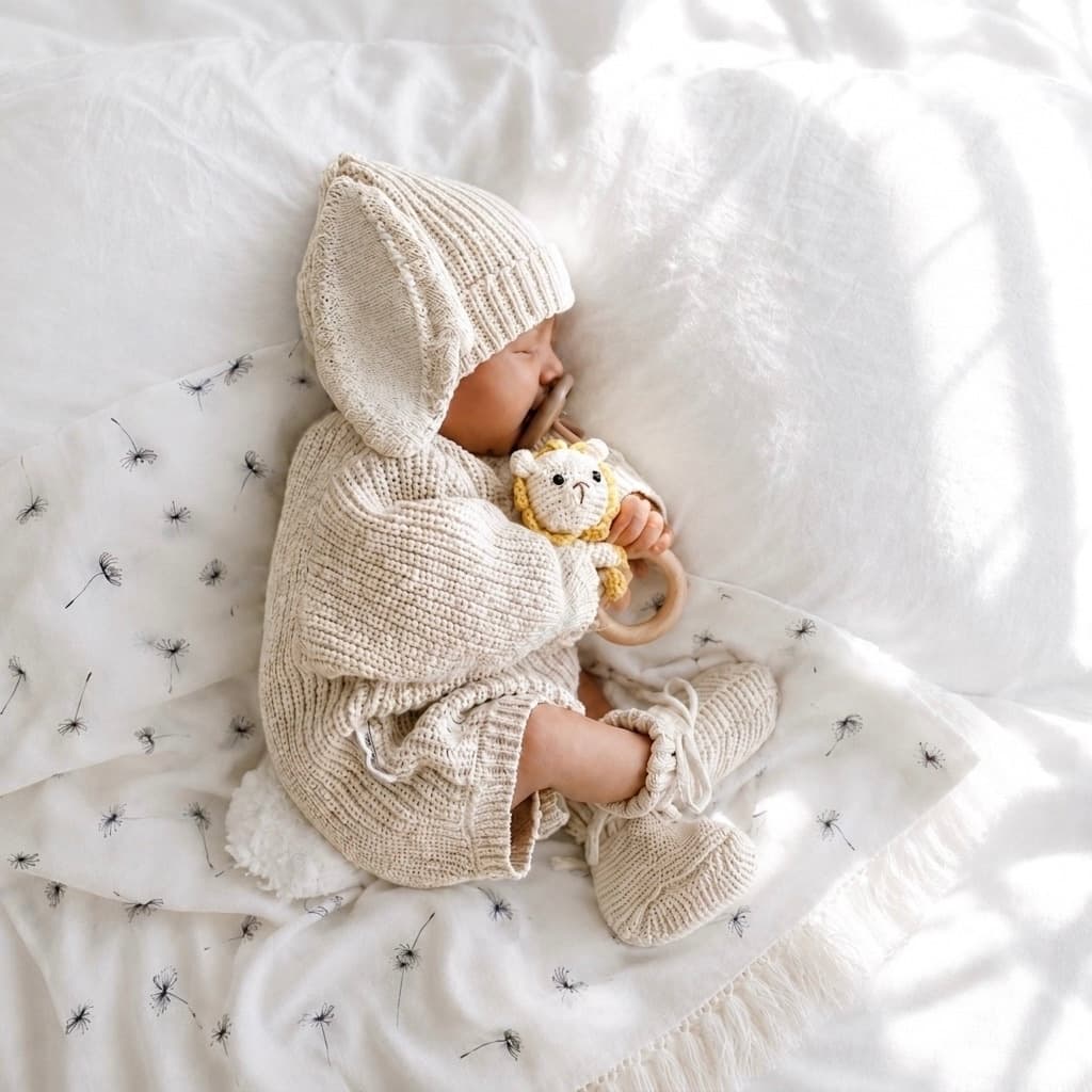 Newborn baby holding a crochet lion rattle in a soft neutral nursery, a thoughtful baby shower gift and newborn essential in the UK.