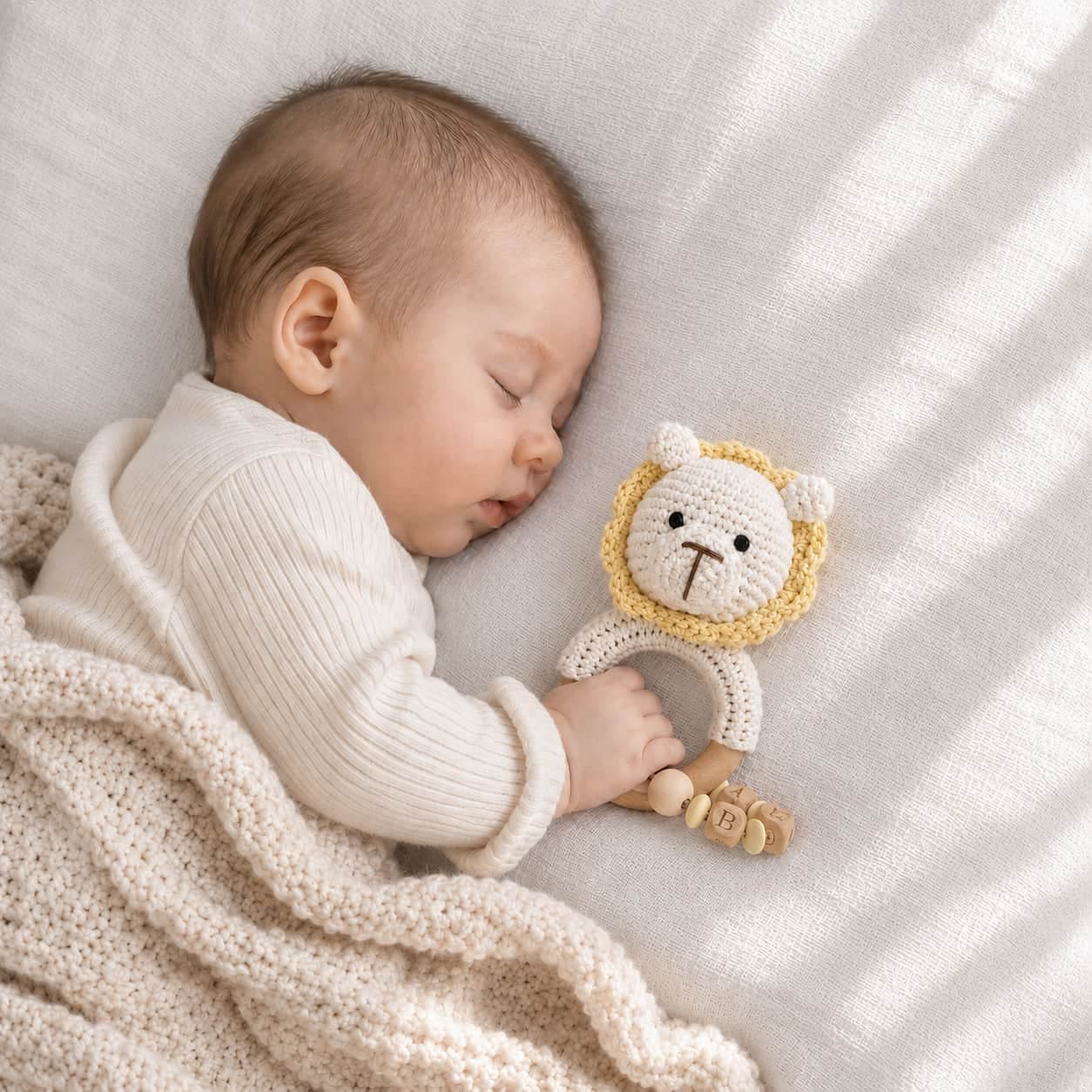 Sleeping newborn baby holding a crochet lion teether with a wooden teething ring, a thoughtful baby shower gift and newborn essential in the UK.