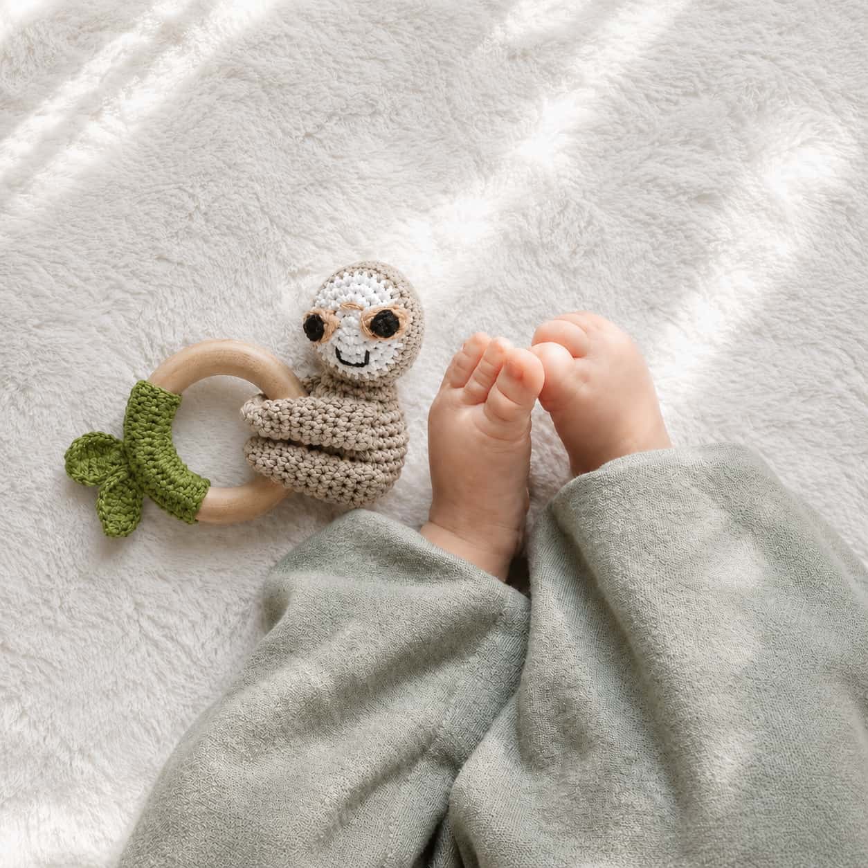 Crochet sloth rattle and wooden baby teether beside a newborn baby, a thoughtful baby shower gift and newborn essential in the UK.