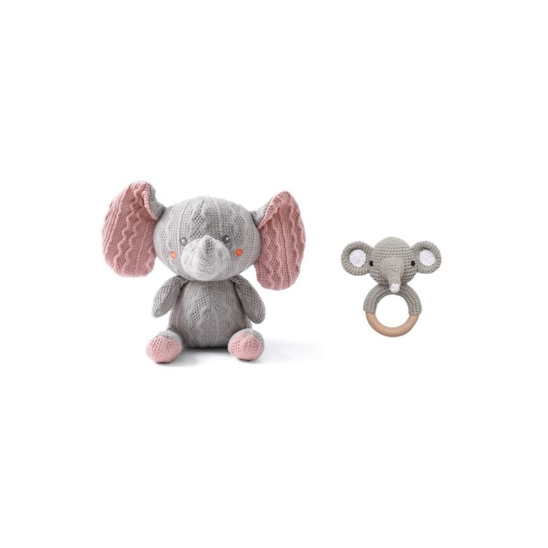 Handcrafted crochet twin big-ear elephant rattle set featuring an elephant comfort toy and wooden ring elephant rattle, perfect for newborn babies, baby shower gifts and nursery essentials.