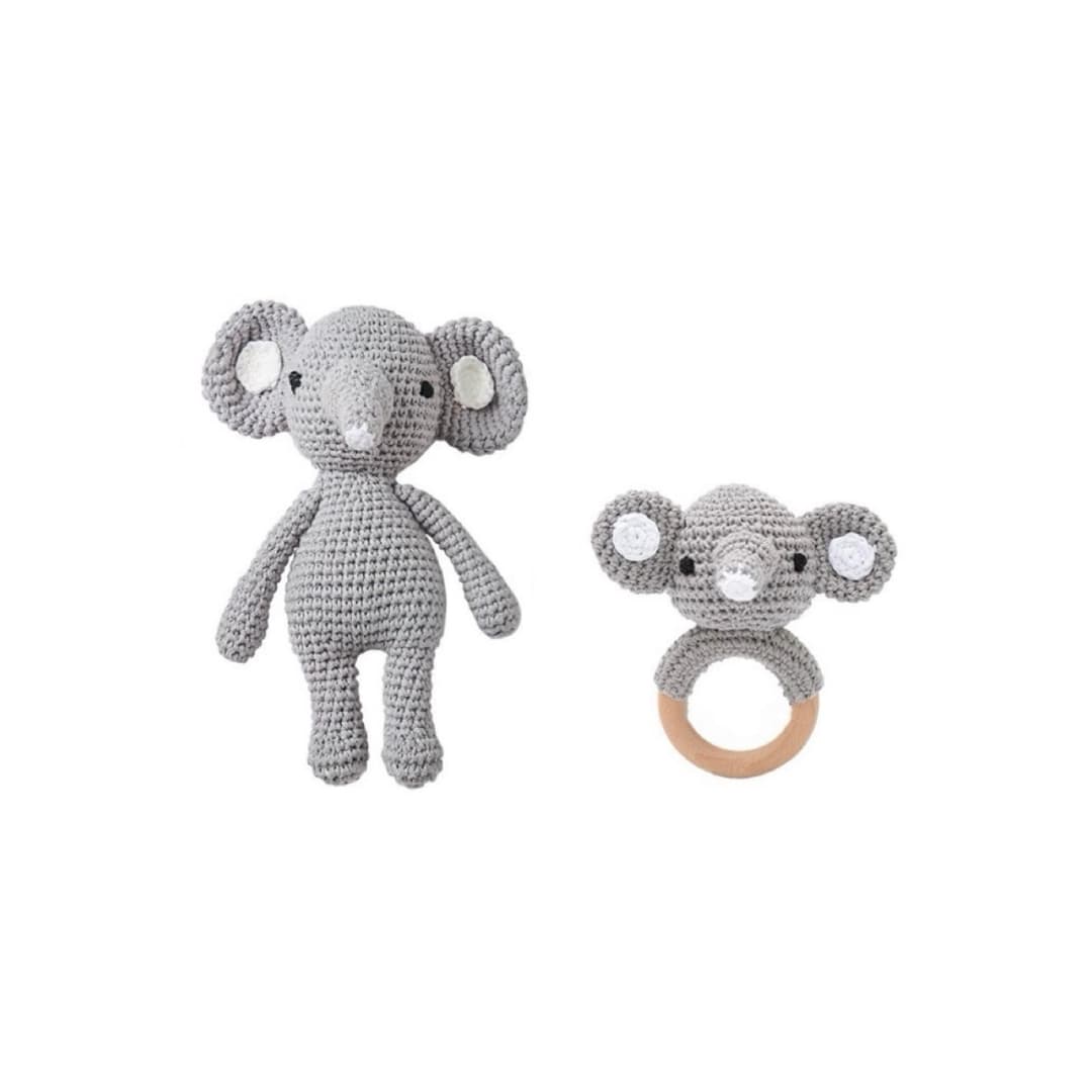 Handmade crochet twin elephant rattle set with plush elephant toy and wooden teething ring rattle for newborn babies and baby shower gifts.