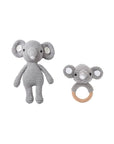 Handmade crochet twin elephant rattle set with plush elephant toy and wooden teething ring rattle for newborn babies and baby shower gifts.