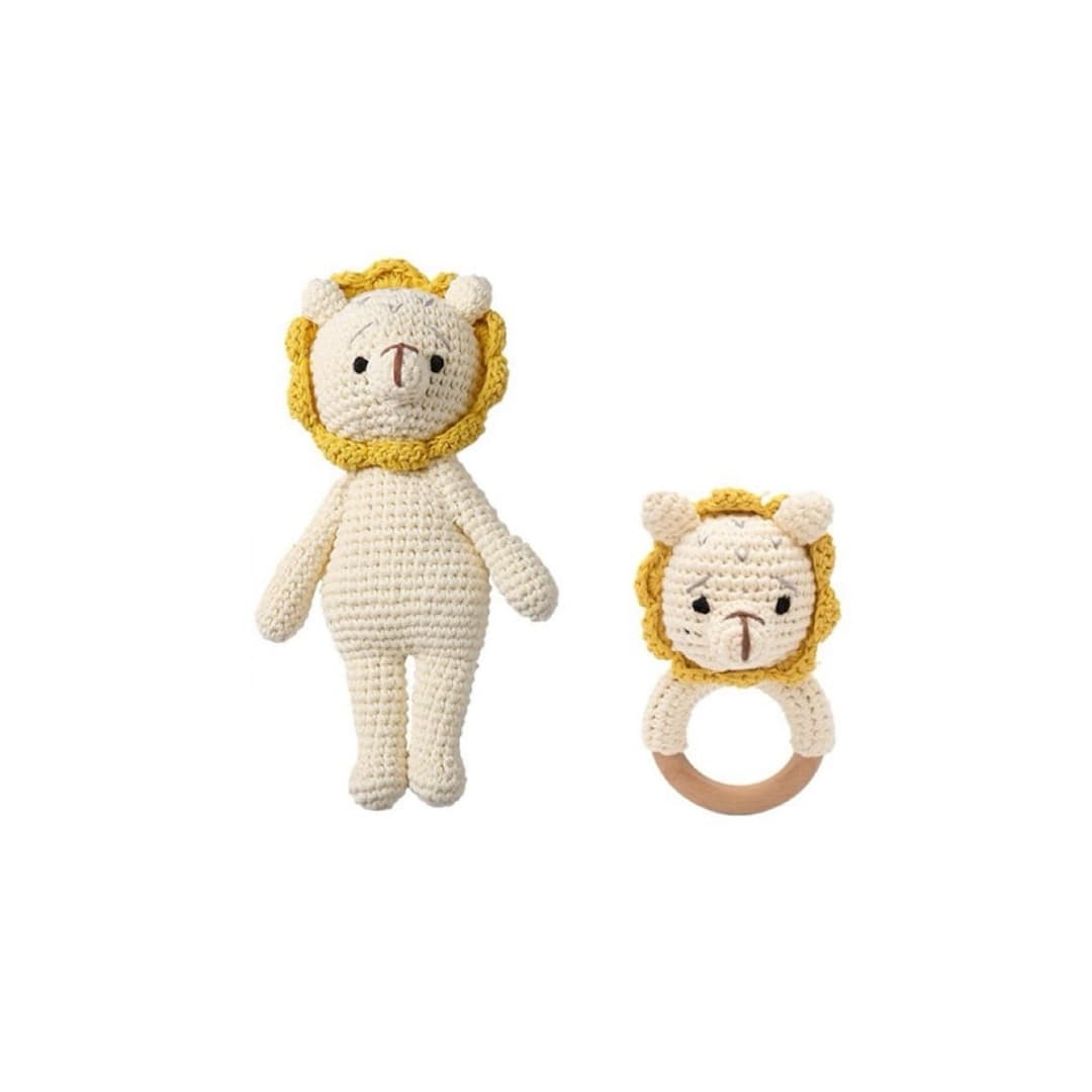 Handcrafted crochet twin lion rattle set featuring a lion comfort toy and wooden ring lion rattle, perfect for newborn babies, baby shower gifts and nursery essentials.