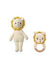 Handcrafted crochet twin lion rattle set featuring a lion comfort toy and wooden ring lion rattle, perfect for newborn babies, baby shower gifts and nursery essentials.