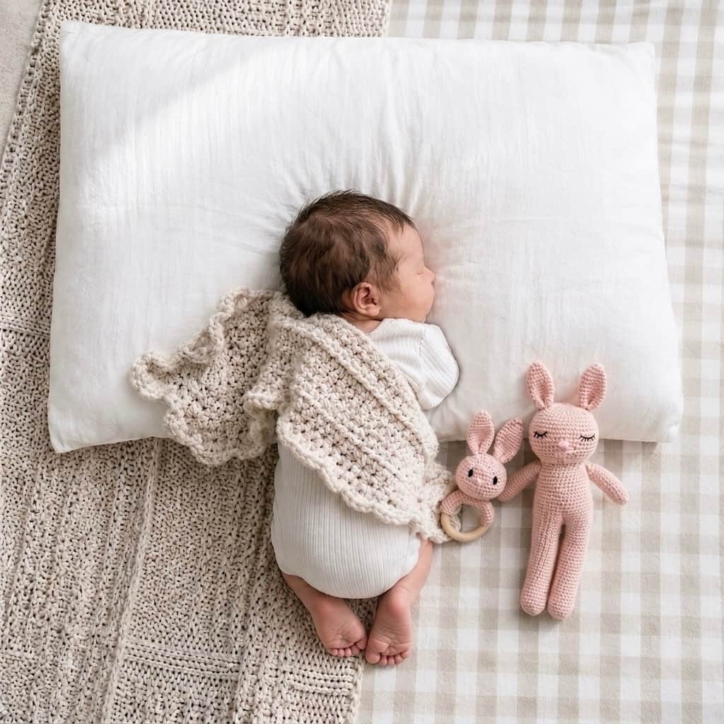 Newborn baby sleeping beside a handcrafted crochet pink bunny comfort toy and matching bunny rattle, a thoughtful baby shower gift and nursery essential for sensory play.
