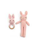 Handcrafted crochet twin pink bunny rattle set featuring a soft bunny comfort toy and matching bunny wooden ring rattle, ideal for newborn babies, baby shower gifts and nursery essentials.
