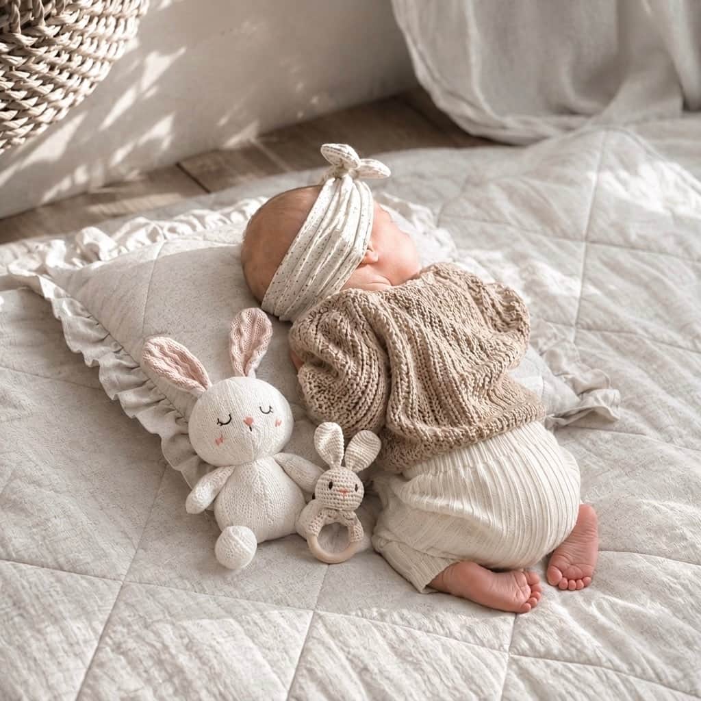 Newborn baby resting beside a handcrafted crochet rabbit comfort toy and matching bunny rattle, a thoughtful baby shower gift and nursery essential for sensory play.