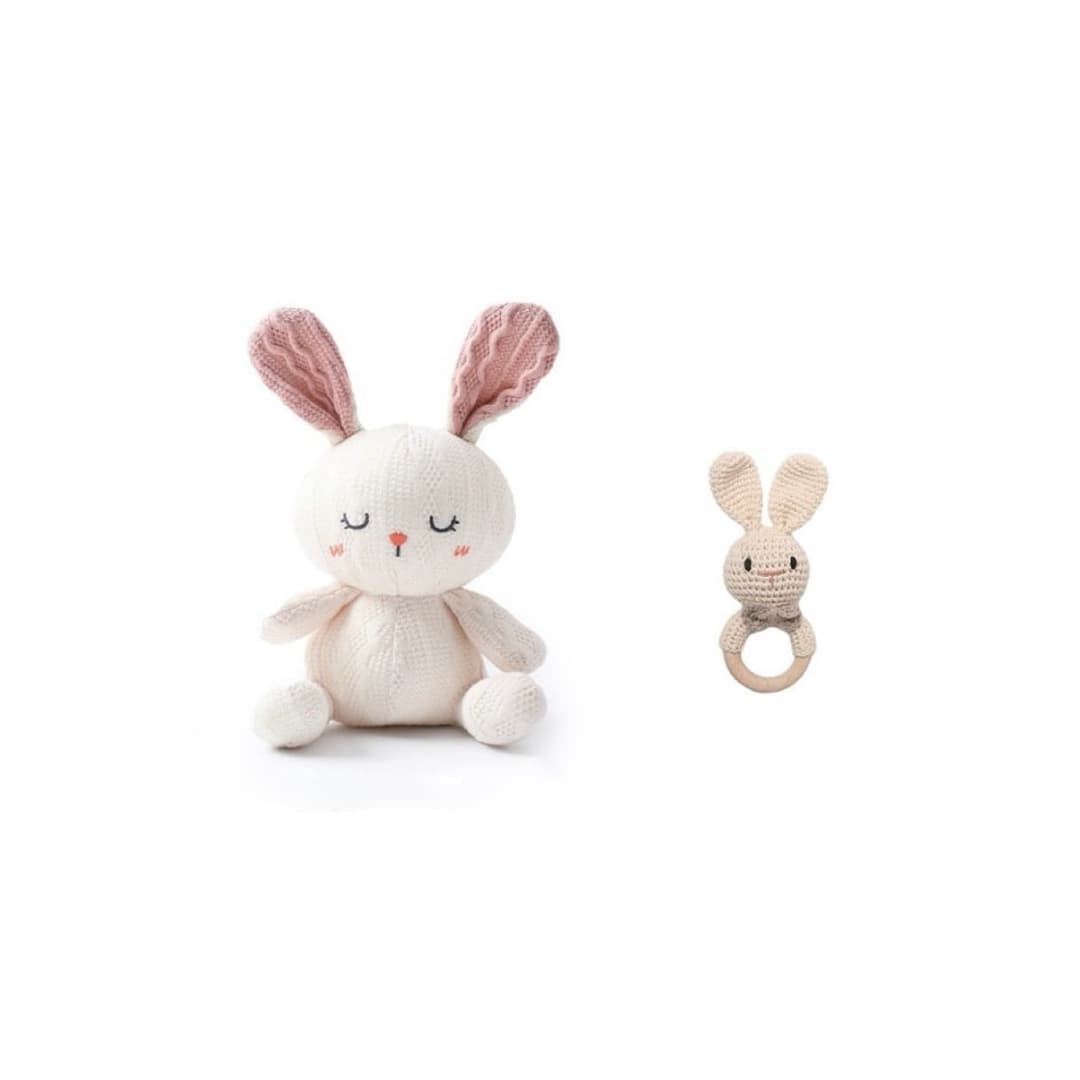 Handcrafted crochet twin rabbit rattle set featuring a bunny comfort toy and matching wooden ring bunny rattle, perfect for newborn babies, baby shower gifts and nursery essentials.
