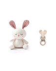 Handcrafted crochet twin rabbit rattle set featuring a bunny comfort toy and matching wooden ring bunny rattle, perfect for newborn babies, baby shower gifts and nursery essentials.