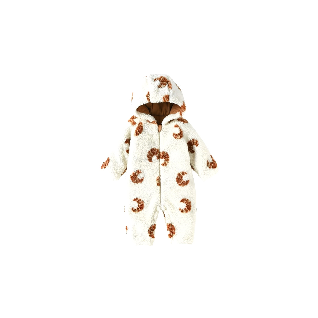 White hooded baby fleece romper with croissant print, soft thick sherpa fabric for warmth and comfort
