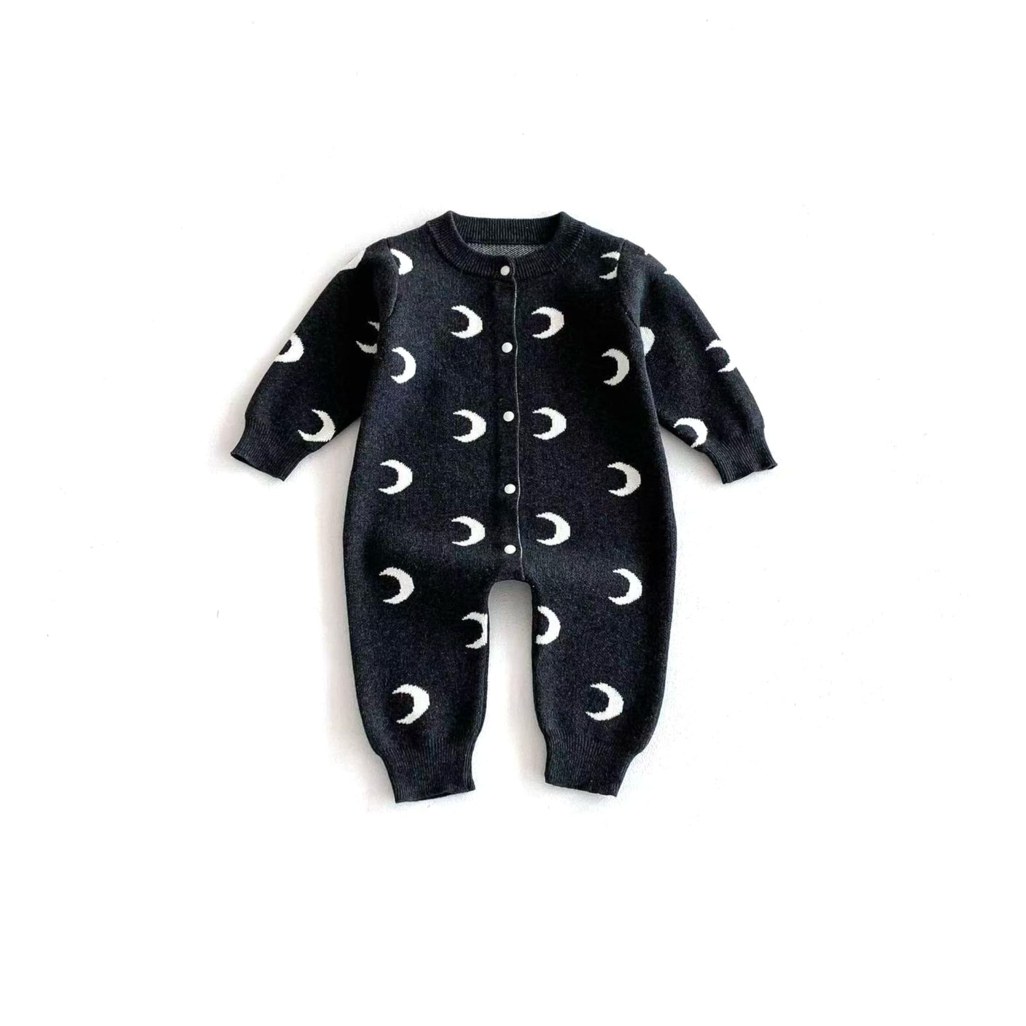 Front view of dark gray unisex baby romper with crescent moon pattern and snap buttons.