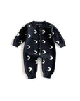 Front view of dark gray unisex baby romper with crescent moon pattern and snap buttons.