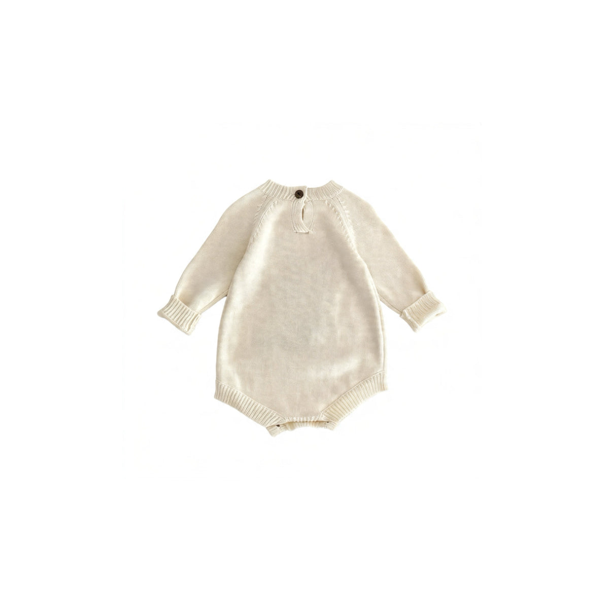 Baby knit romper back view with long sleeves and soft ribbed trim
