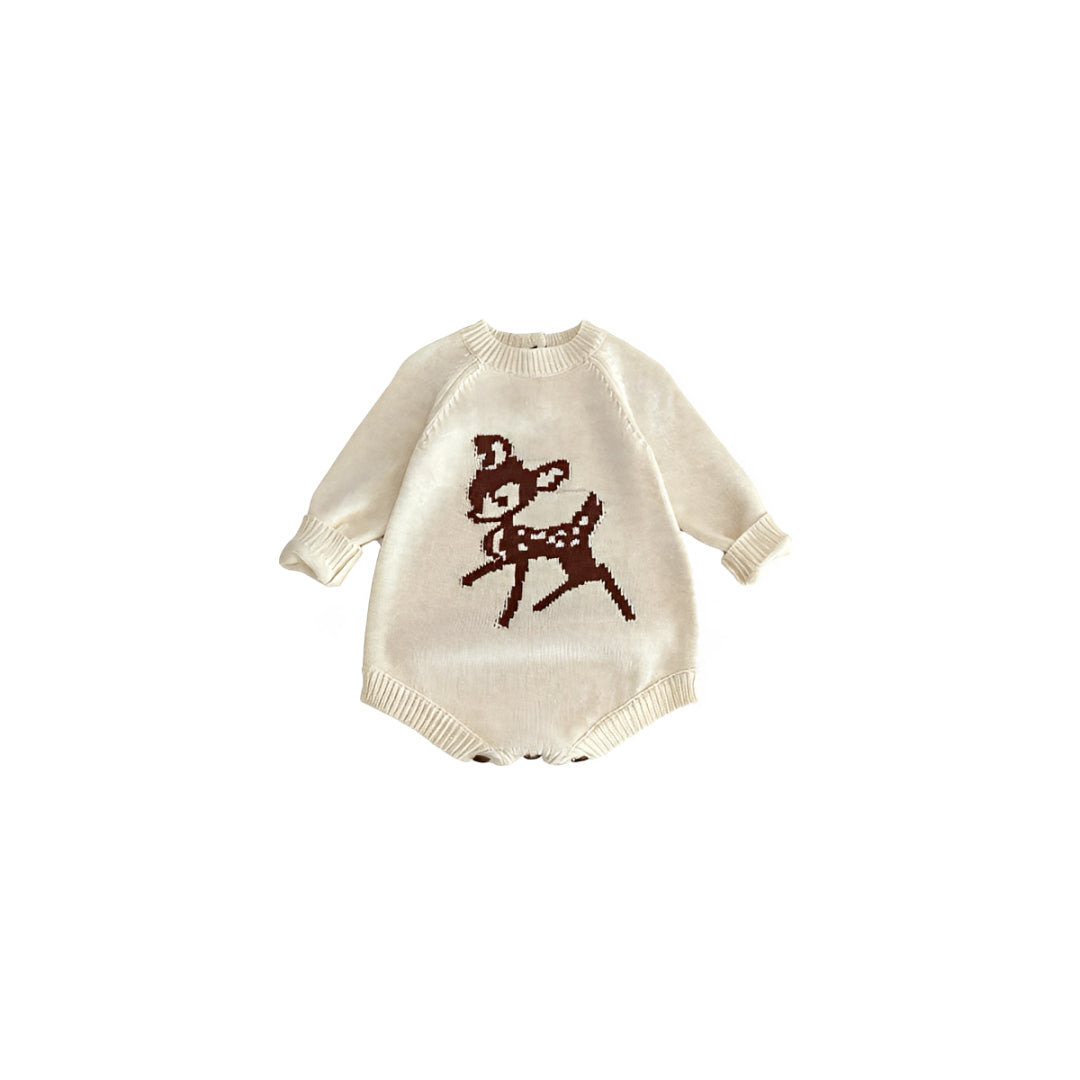 Baby knit romper front view with deer motif and long sleeves in soft knitted fabric