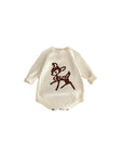 Baby knit romper front view with deer motif and long sleeves in soft knitted fabric