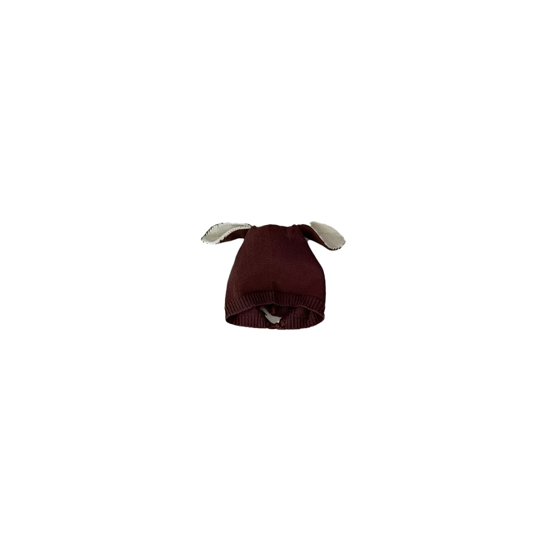 Baby knit hat with deer ear design matching romper set in soft knit fabric
