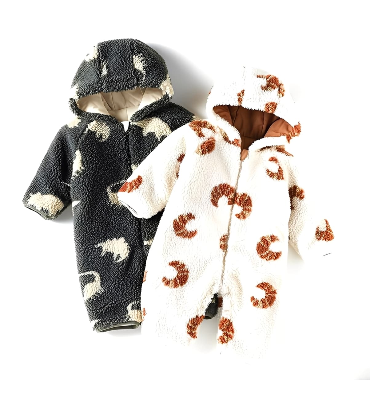Set of two plush fleece baby rompers with dinosaur and croissant patterns, hooded and soft for winter