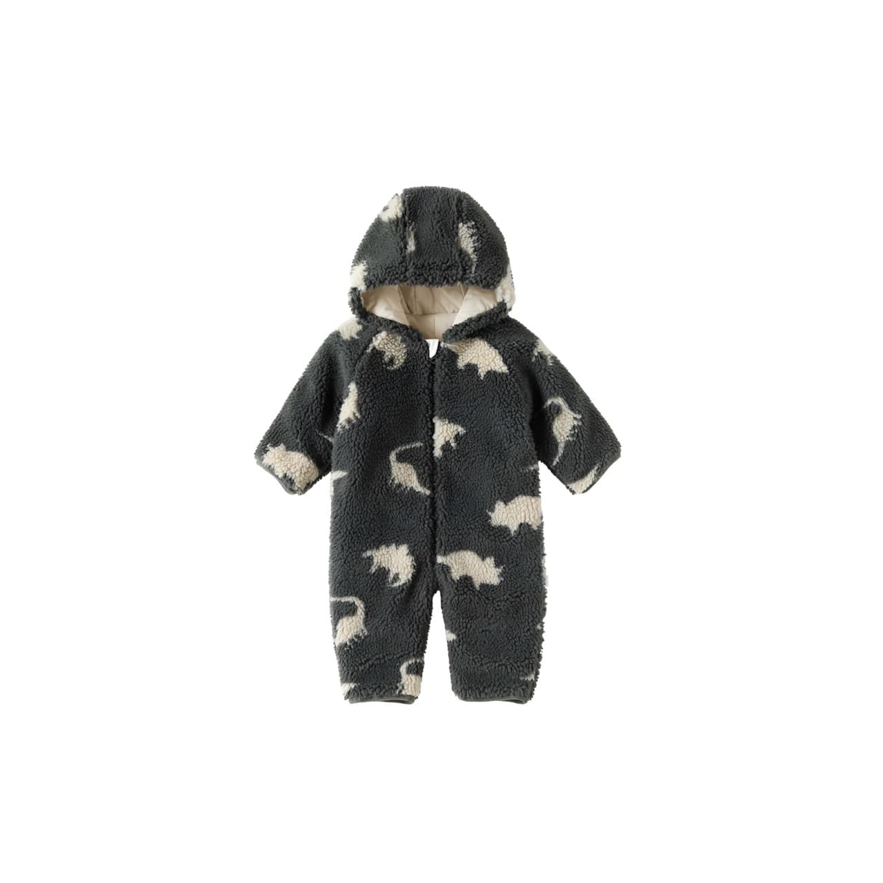Dark grey hooded baby fleece romper with dinosaur print, thick and warm for cold weather