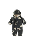Dark grey hooded baby fleece romper with dinosaur print, thick and warm for cold weather