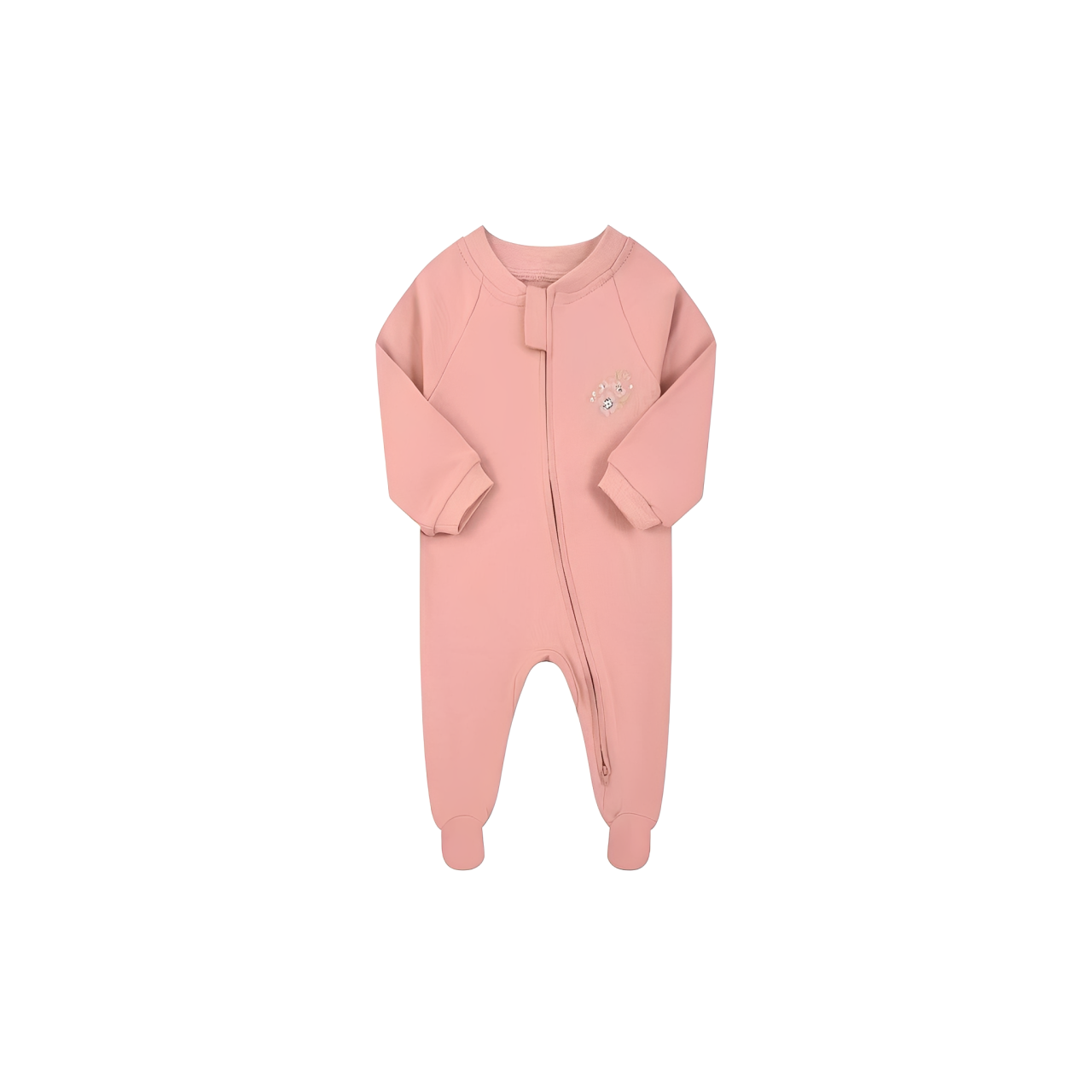 dusty pink baby romper with small floral embroidery and zipper front