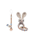 Crochet Blue Bunny Rattle & Dummy Clip Set