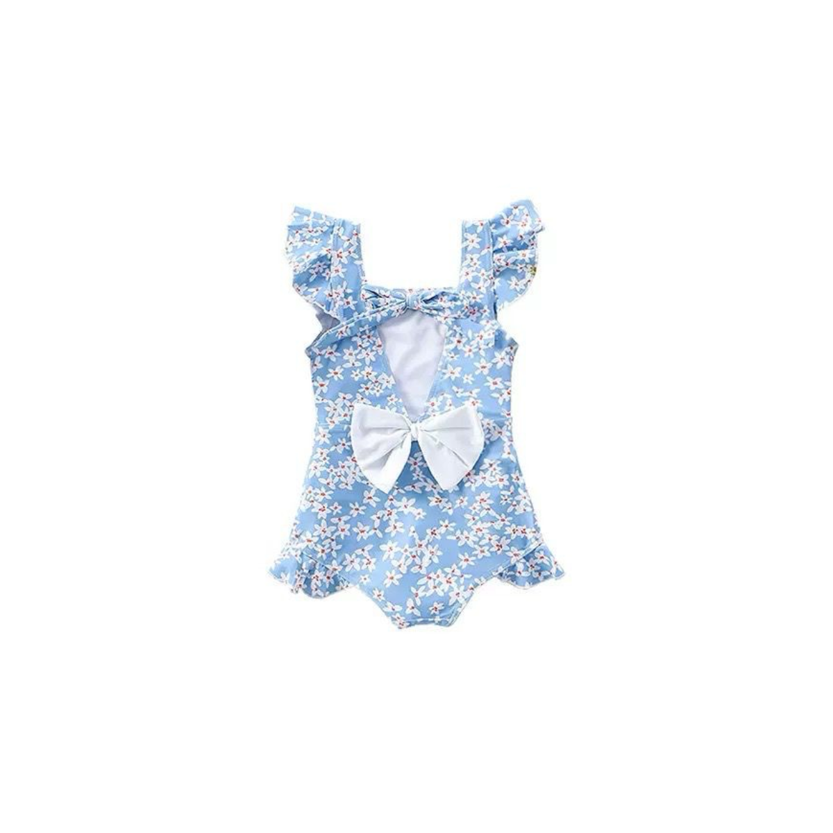 blue floral baby one-piece swimsuit with ruffle straps and bow detail
