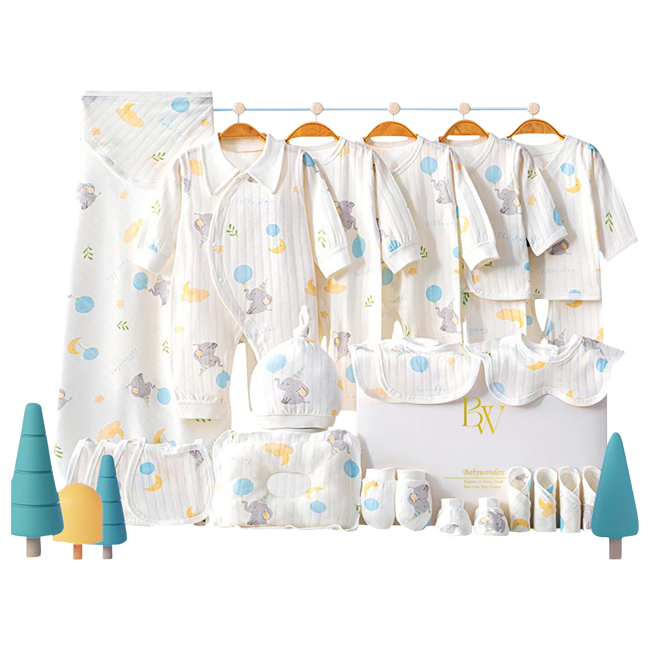 Everyday baby gift set 26 pieces, blue elephant themed newborn essentials box, soft cotton baby clothes set, baby shower gift