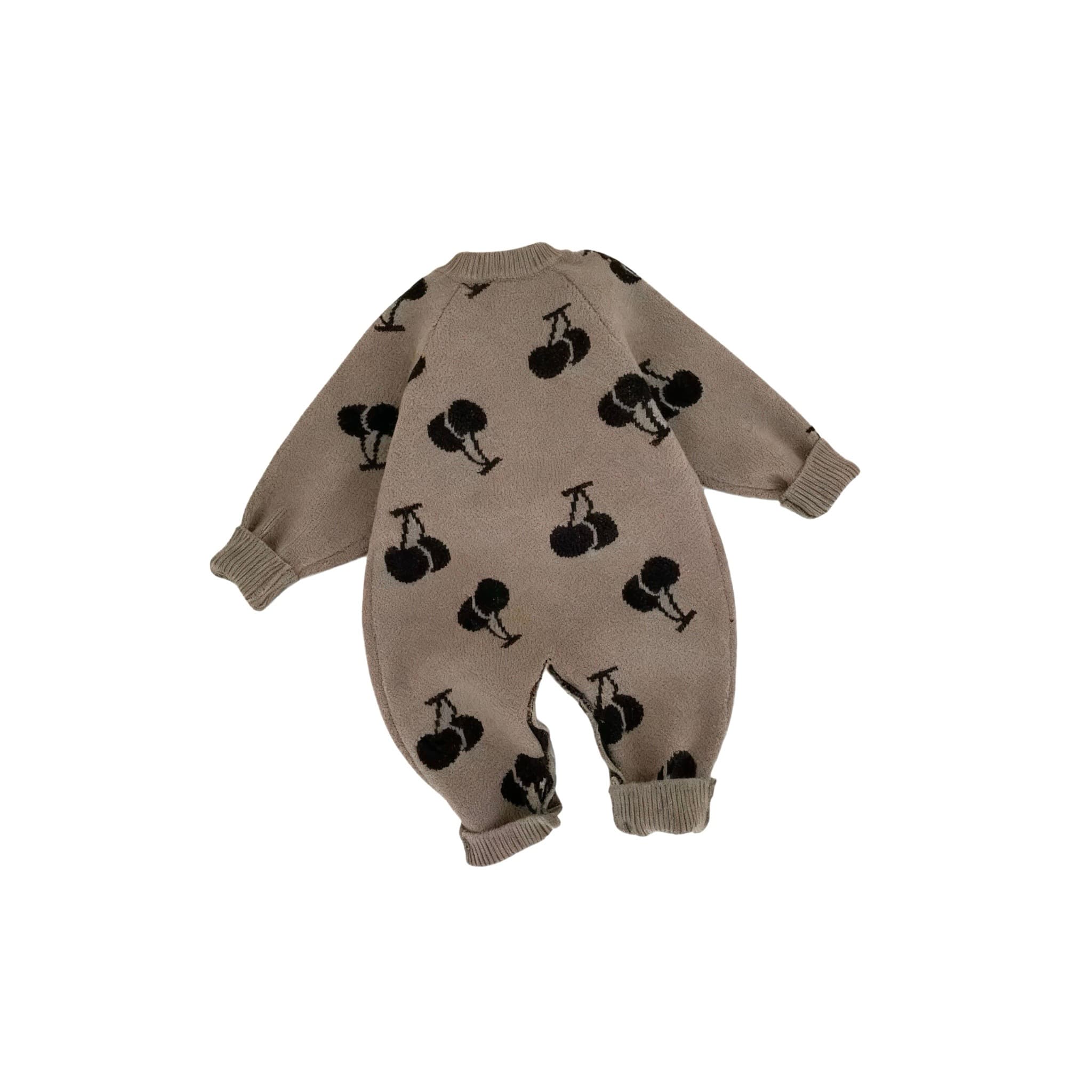 Back view of brown baby knit cherry romper featuring cute black cherry pattern.