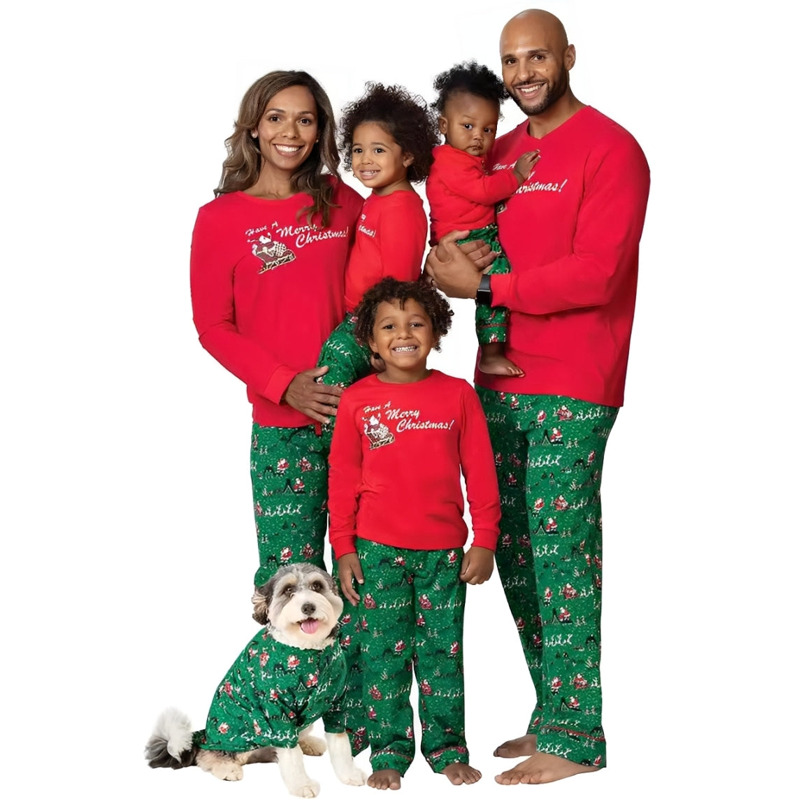 Family matching Christmas pajamas set with red tops and green Santa print pants for parents, kids, and pet dog holiday sleepwear
