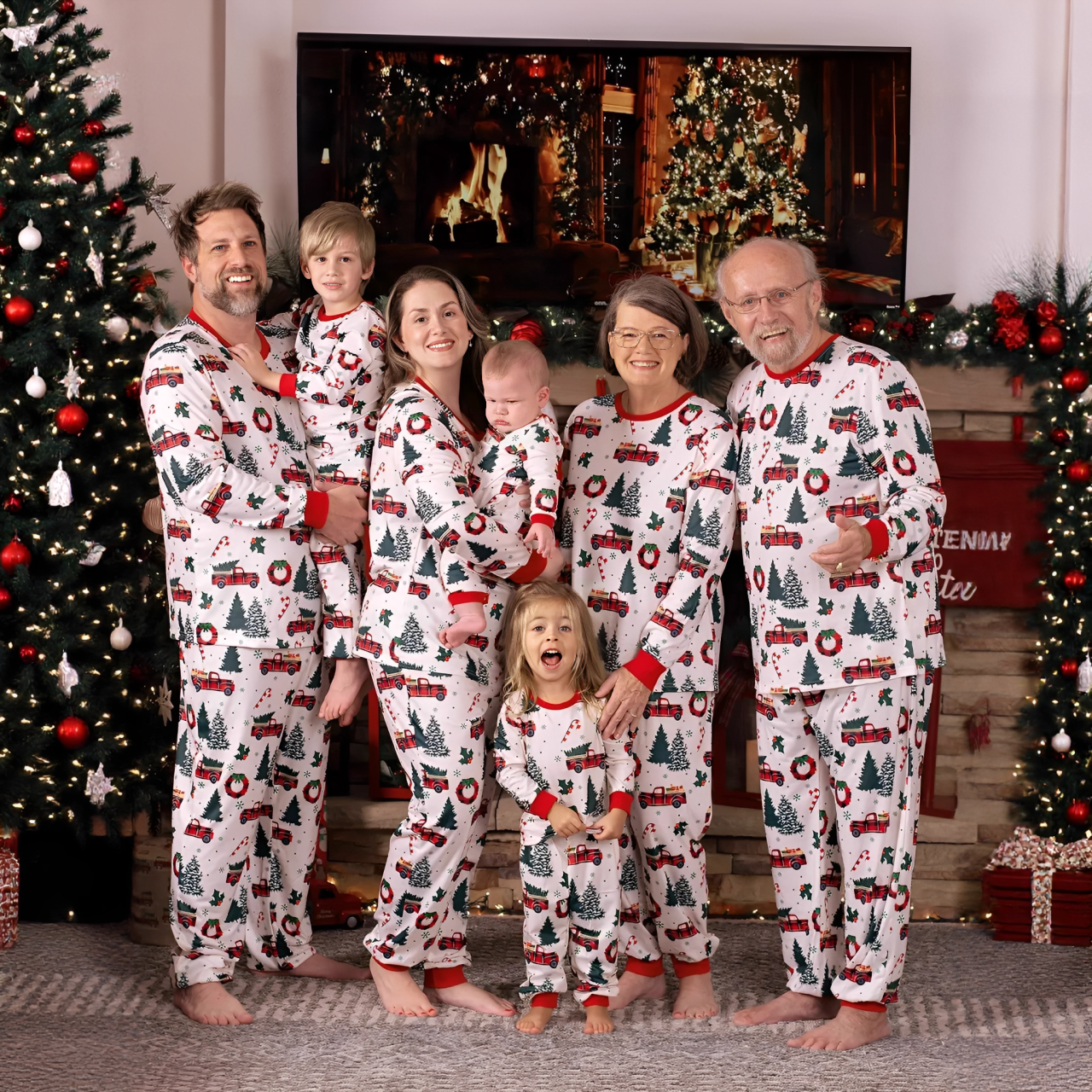 Family matching Christmas pajamas set with holiday print for parents, kids, and grandparents