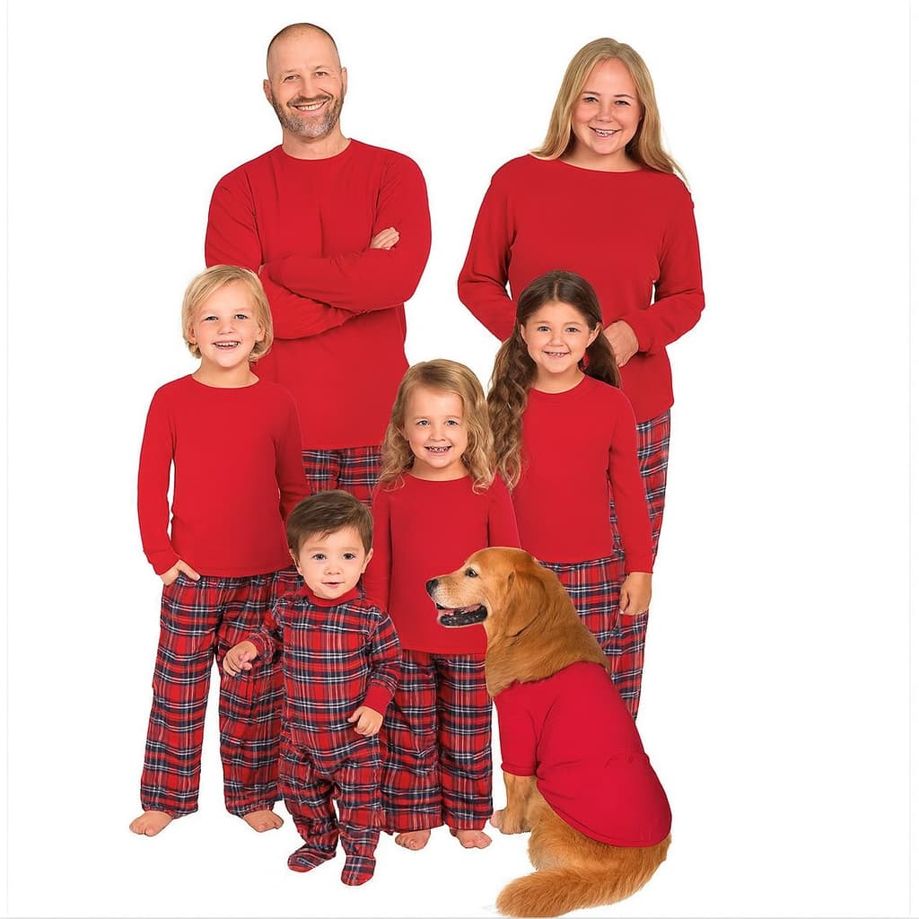 Family matching red plaid Christmas pajamas set for parents, kids, and pet, cozy holiday sleepwear for festive family moments.