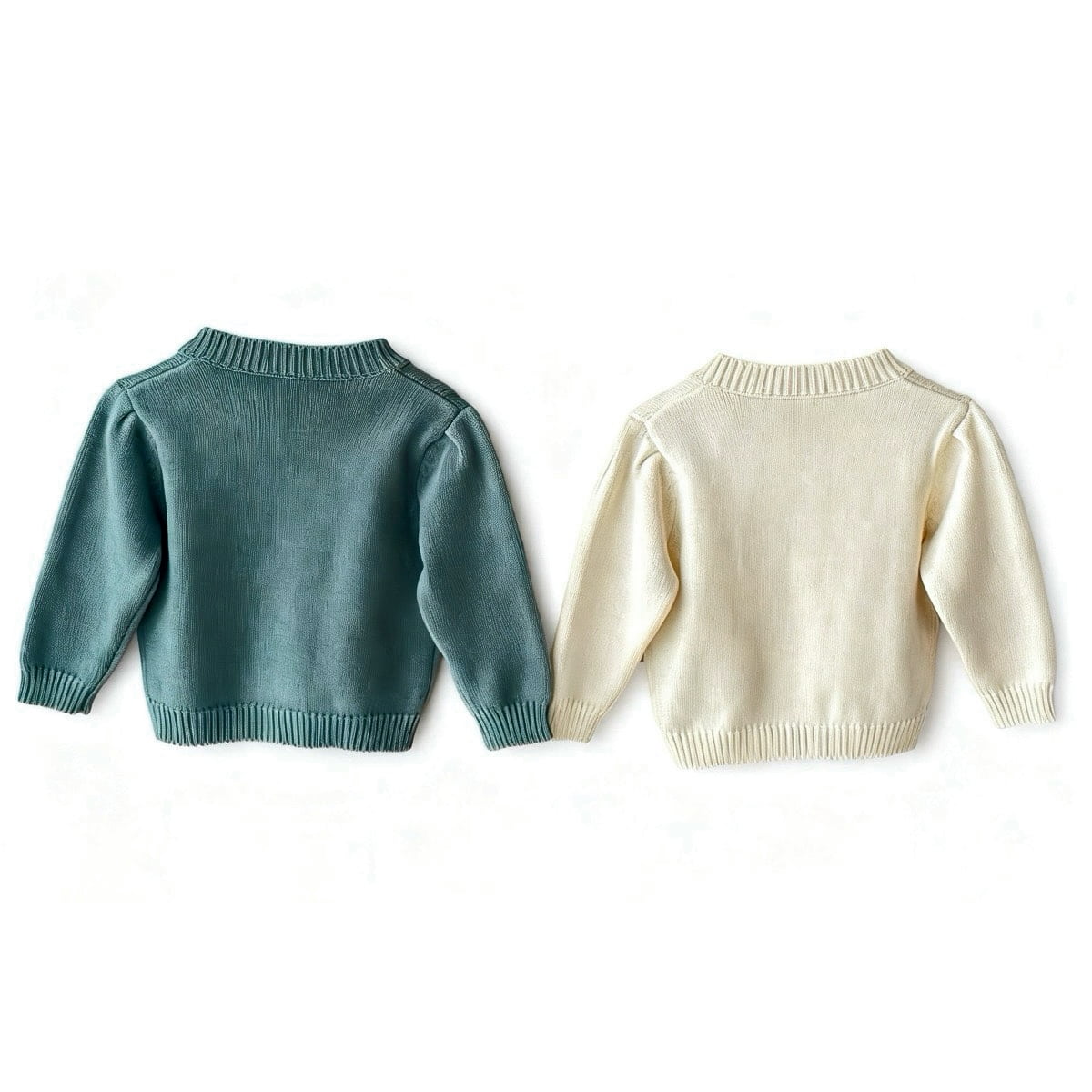 Back view of floral knit baby cardigan with ribbed hem and cuffs