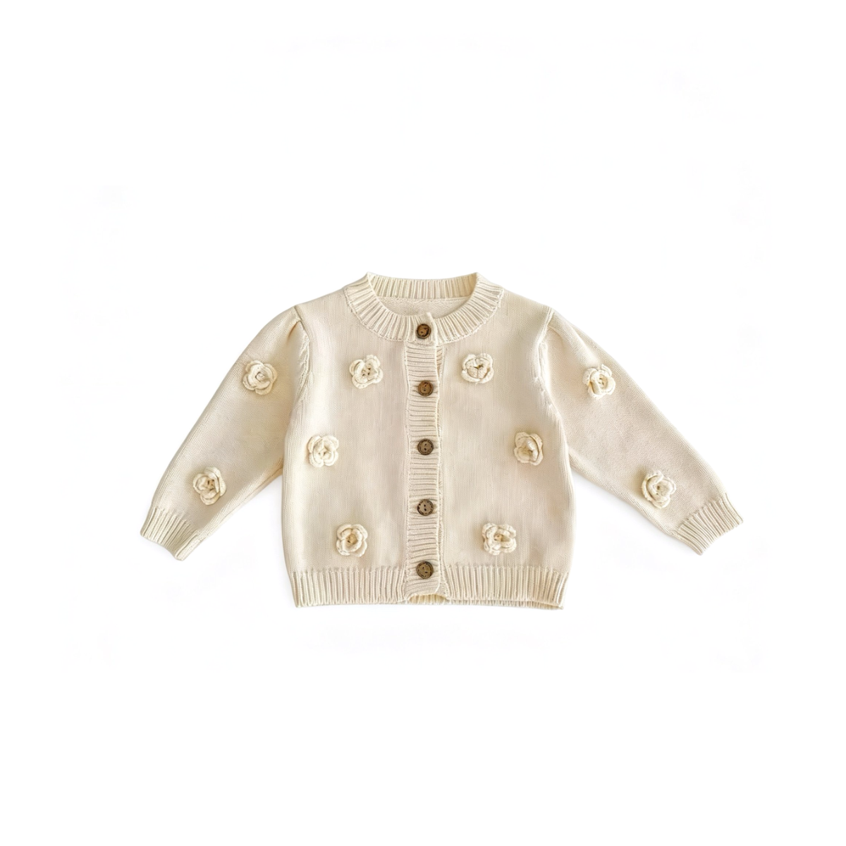 Floral knit baby cardigan cream front view with 3D flower appliqué, soft warm baby knitwear with button fastening UK