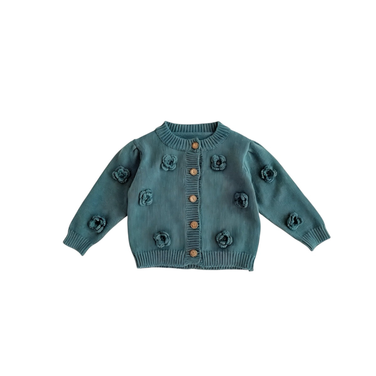 Floral knit baby cardigan green front view with flower appliqué, soft breathable baby knit cardigan with buttons UK