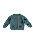 Floral knit baby cardigan green front view with flower appliqué, soft breathable baby knit cardigan with buttons UK