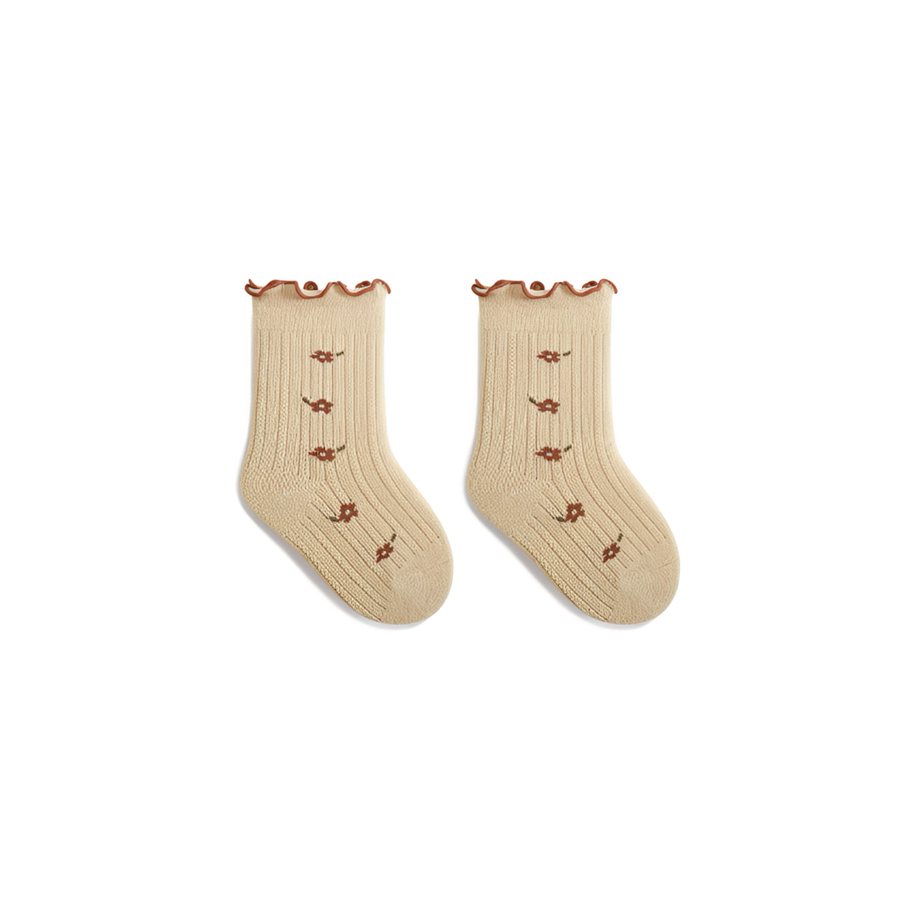 Honey Wheat Bloom ribbed baby socks, retro floral embroidery