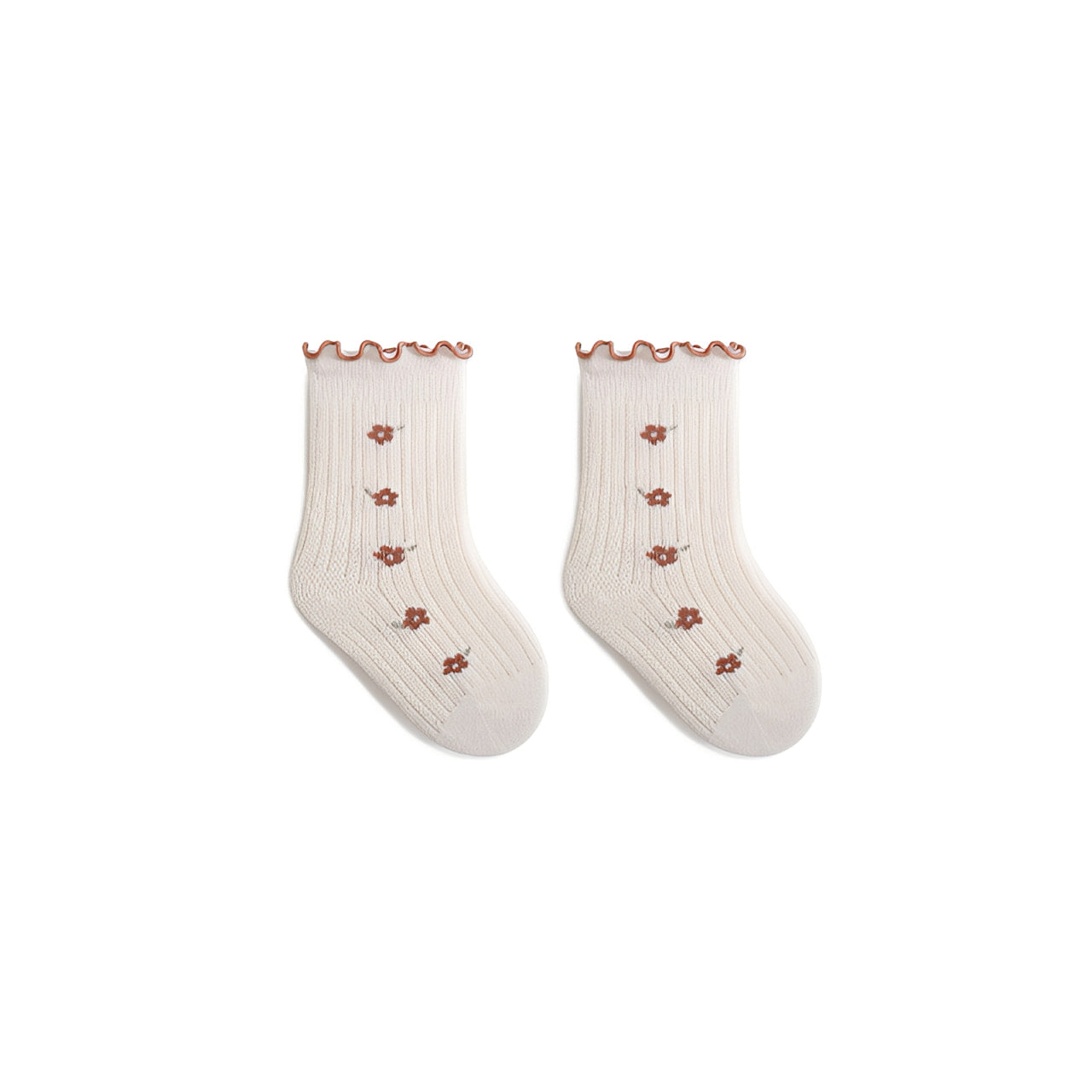 Ivory Rosebud floral knit baby socks with frilly edge, soft cotton
