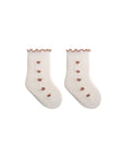 Ivory Rosebud floral knit baby socks with frilly edge, soft cotton