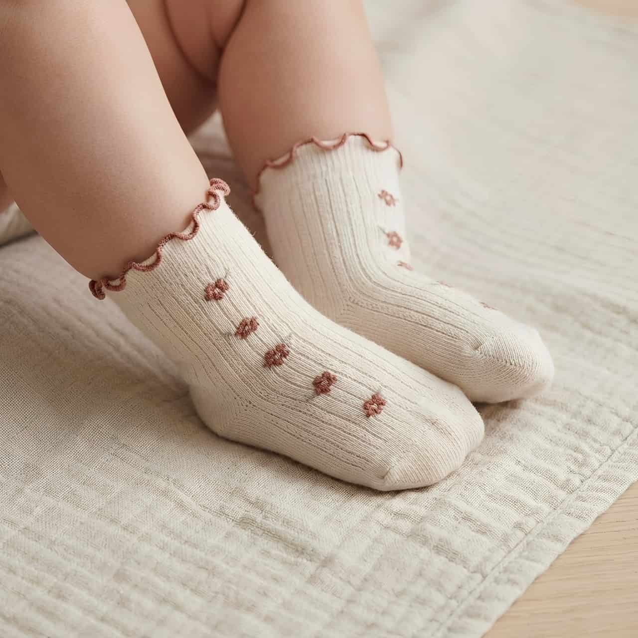 Baby wearing cream floral ruffle knit socks with embroidered flowers, soft and breathable cotton
