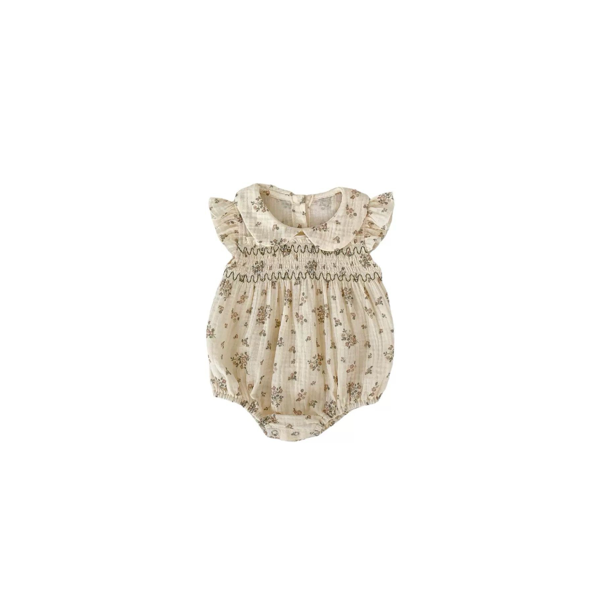Floral smocked baby romper apricot cotton baby girl romper peter pan collar ruffle sleeve summer baby outfit