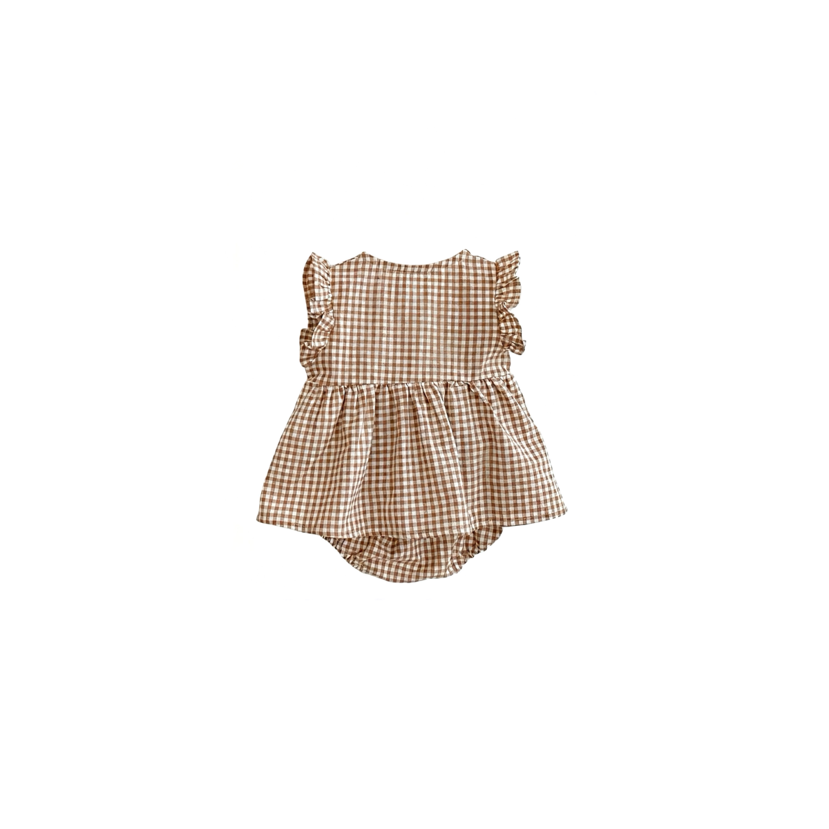 Baby gingham top and bloomers set back view in beige with soft gathered design

