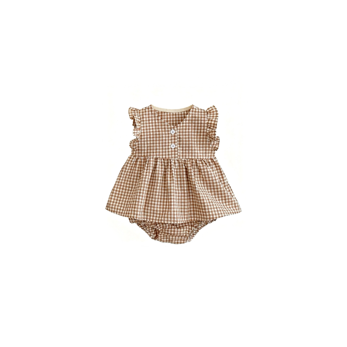 Baby gingham top and bloomers set front view in beige with ruffle sleeves and button fastening
